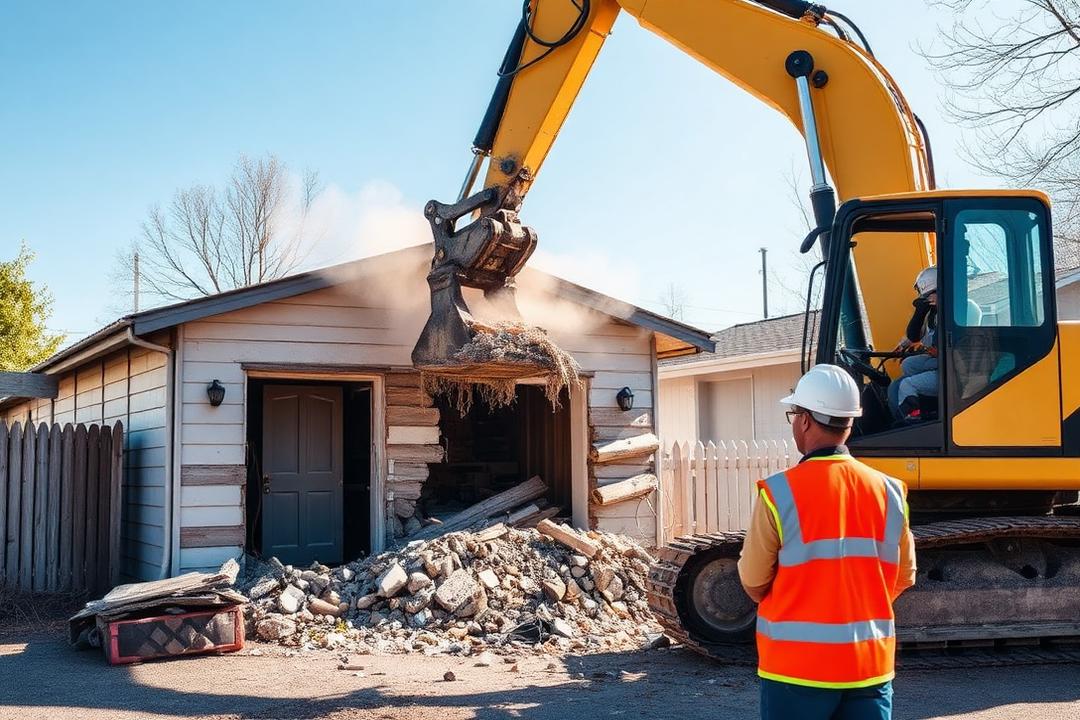 Excavator demolishing a detached garage
